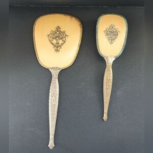 Vintage Gold mop hand mirror and brush set
